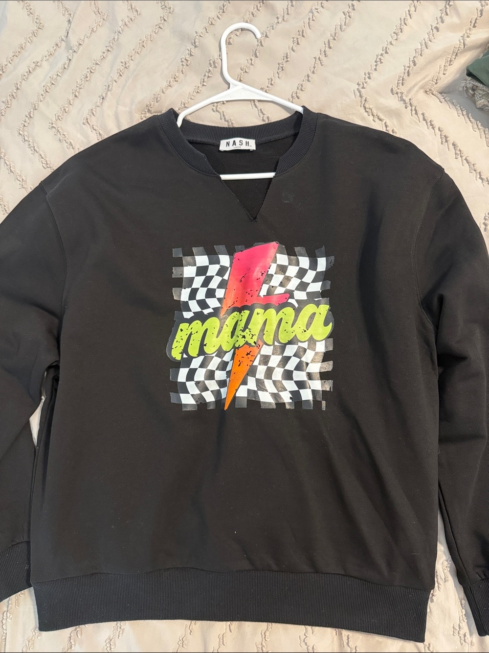 Nash Black 'Mama' V-Neck Sweatshirt with Neon Lightning Graphic